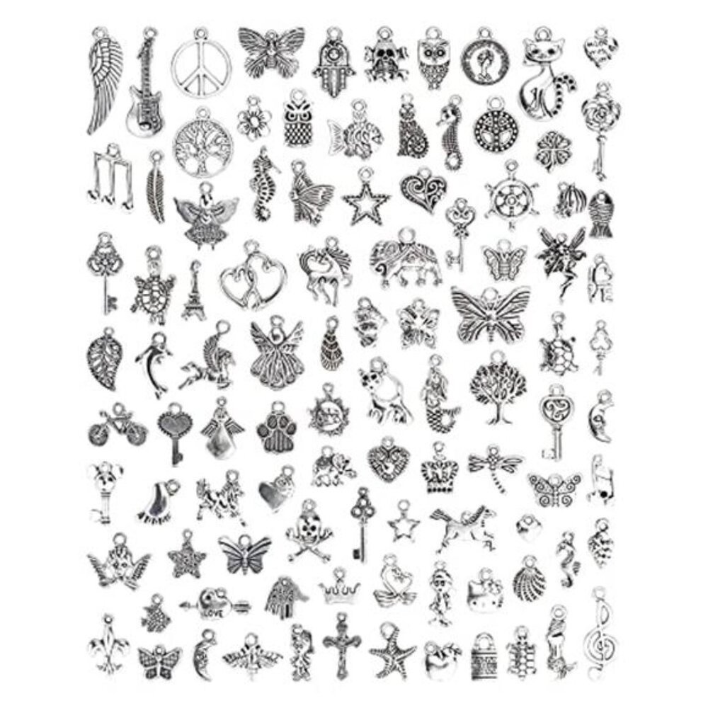 100 PCS Silver Charms Mixed Tibetan Metal Pendants DIY Necklace Bracelet Jewelry